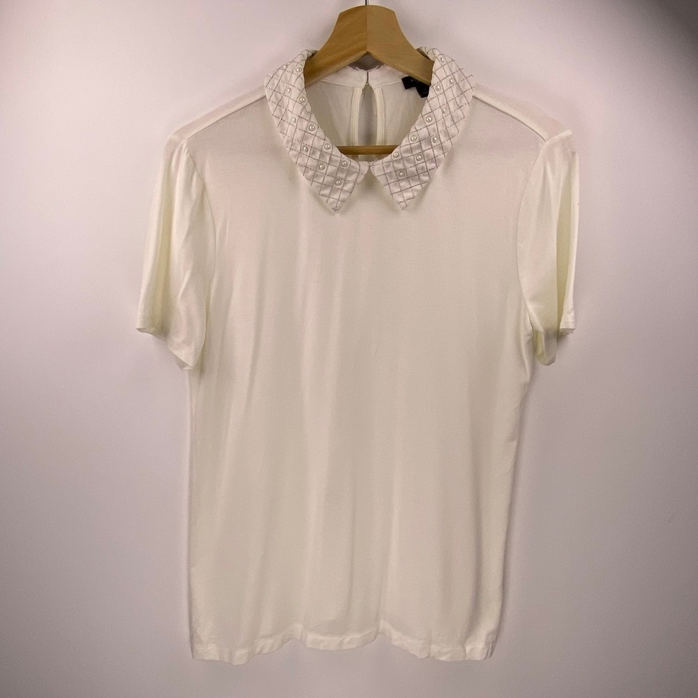 Ann Taylor Factory Embellished Collar Top S White Pearl Preppy Professional